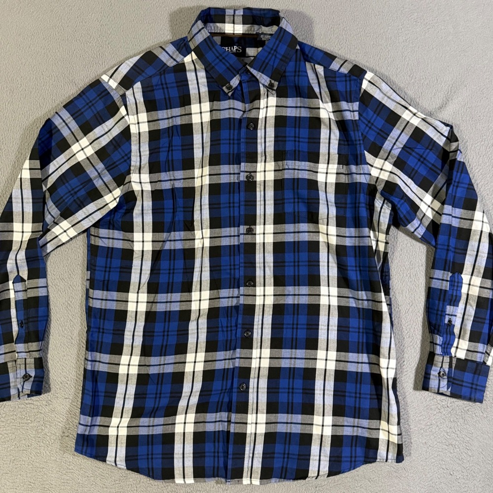Chaps Mens Medium Blue Plaid Button Down Long Sleeve Easy Care‎ Twill Shirt